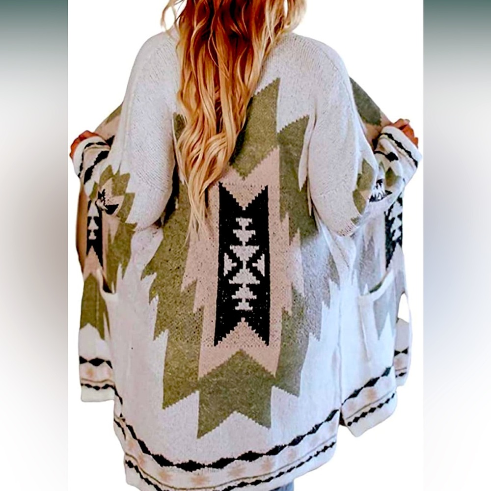 Women Vintage Tribal Knitted Cardigan Sweater Western Open Front with Pocket